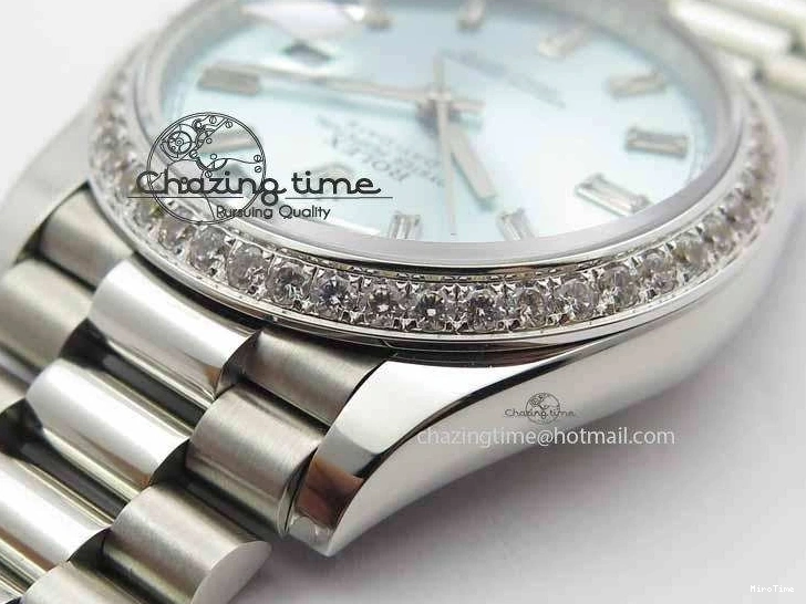 MiroTime 1218 Stylish Day Date 40mm SS BP Maker Best Edition Diamond Bezel Ice Blue Dial On SS Bracelet ETA 3699